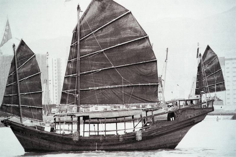 A Chinese junk sailing into Victoria Harbour during the Hong Kong Dragon Boat Festival International Race 1988.